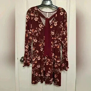 Pretty Xhilaration Burgandy Floral Dress Small Bell Sleeve Long Sleeve Country